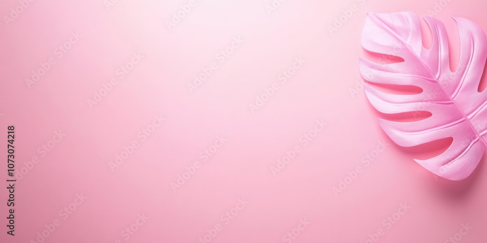 Tropical leaves on pink background with copy space. Banner for summer vacation concept. Green monstera leaves flat lay on pastel background. Tropical leaves flat lay on background with copy space. Tropical leaves on pink background with copy space. Banner for summer vacation concept. Green monstera leaves flat lay on pastel background. Tropical leaves flat lay on background with copy space.