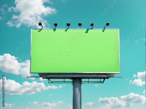 Empty billboard with chroma key green screen, on blue sky with clouds, advertisement concept, screen, green background photo