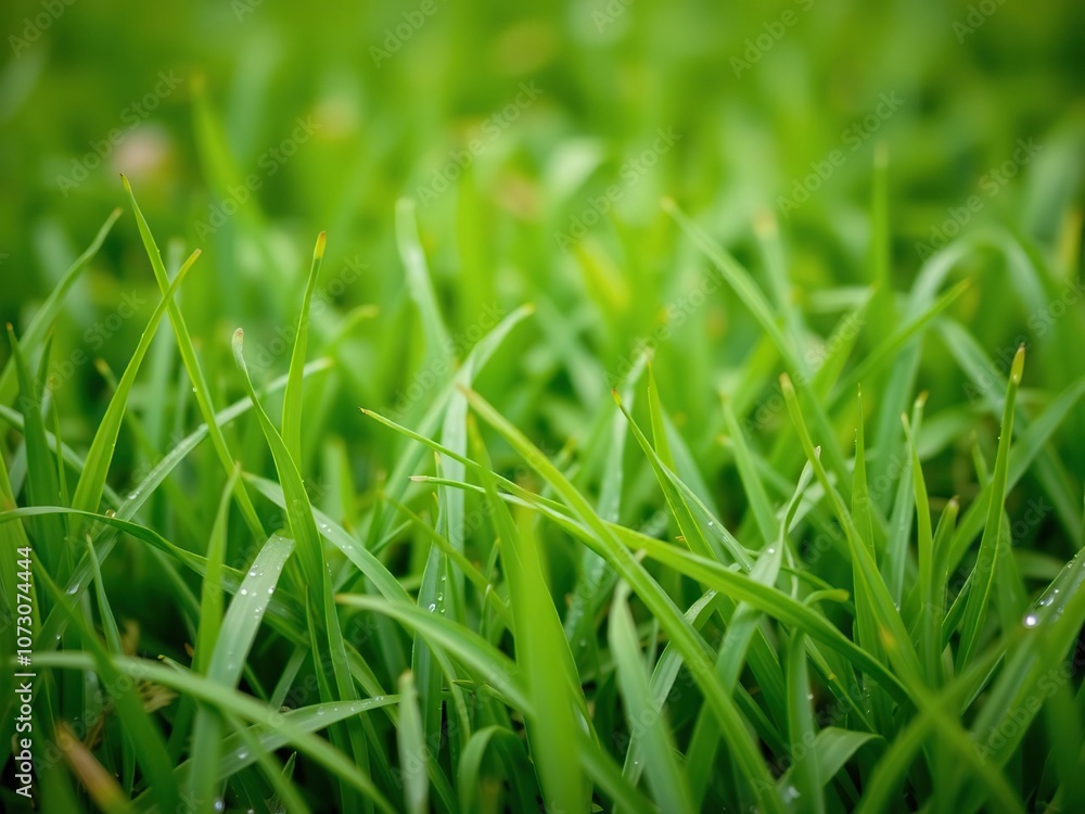 Obraz premium Close-up of blades of grass on a green lawn after a spring shower, outdoor, natural world