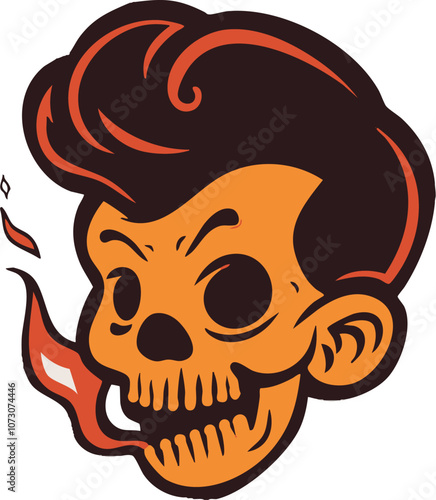 Vector illustration of a retro-style skull with slicked-back hair and a flaming tongue, blending vintage and edgy elements. Ideal for tattoo art, rockabilly, and alternative designs