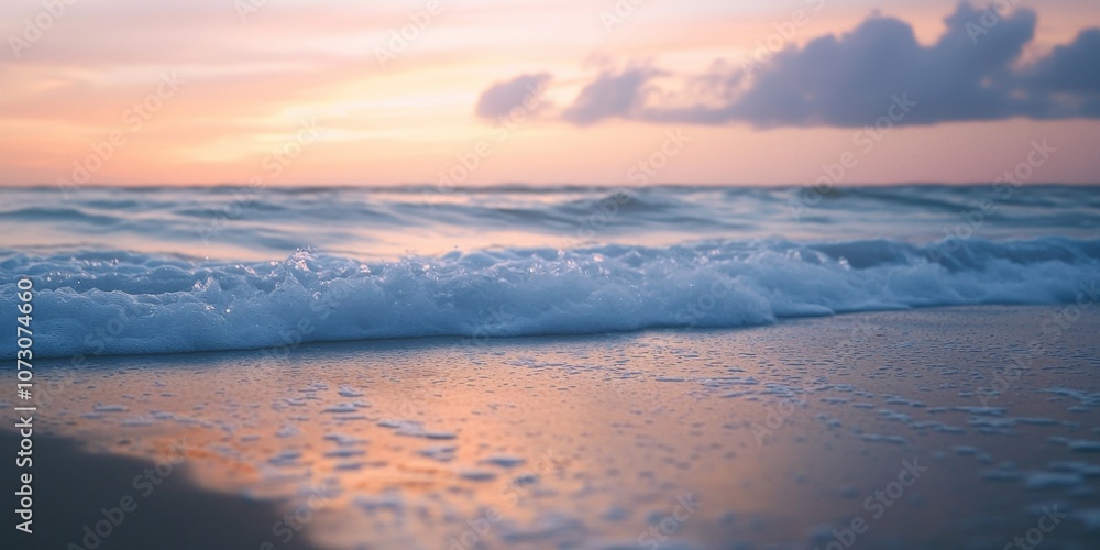 Serene Sunset Reflection on Tranquil Tropical Beach Shoreline Serene Sunset Reflection on Tranquil Tropical Beach Shoreline