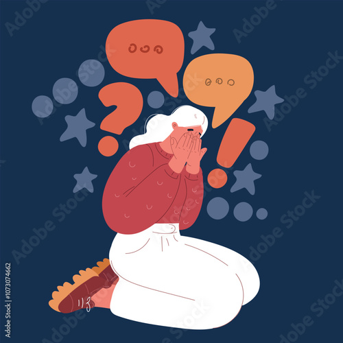 Cartoon vector illustration of a woman sitting on the floor, overwhelmed by emotions, representing sorrow, heartache, and emotional distress over dark background