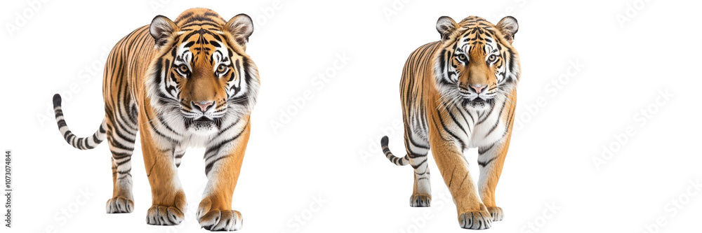 Two Majestic Bengal Tigers Walking Towards the Camera on transparent background Two Majestic Bengal Tigers Walking Towards the Camera on transparent background