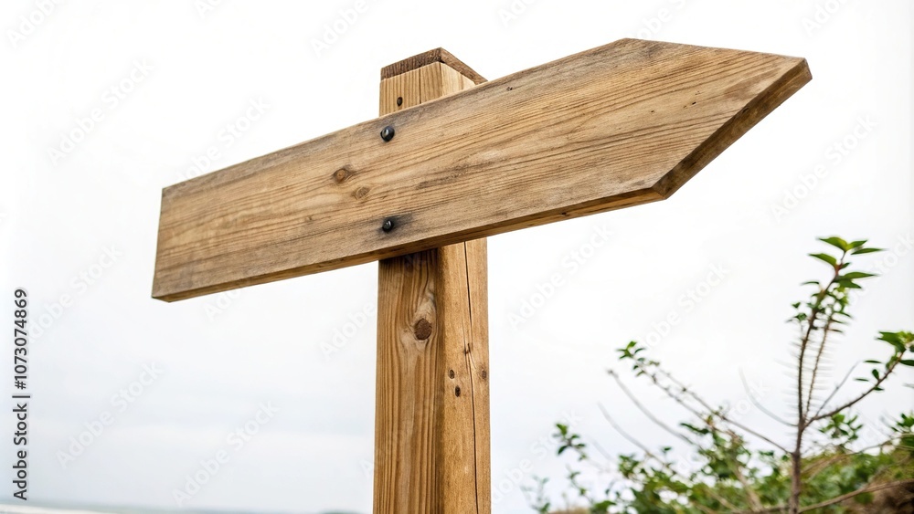 Close-up of wooden arrow sign post isolated on a plain background, directional arrow, forest, wood, road marker, sign post Close-up of wooden arrow sign post isolated on a plain background, directional arrow, forest, wood, road marker, sign post