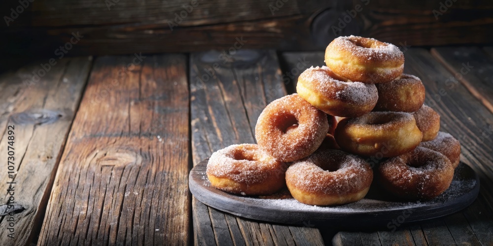 A stack of sweet and sugary donuts, dusted with powdered sugar, arranged on a rustic wooden surface, creating a tempting and delicious visual A stack of sweet and sugary donuts, dusted with powdered sugar, arranged on a rustic wooden surface, creating a tempting and delicious visual