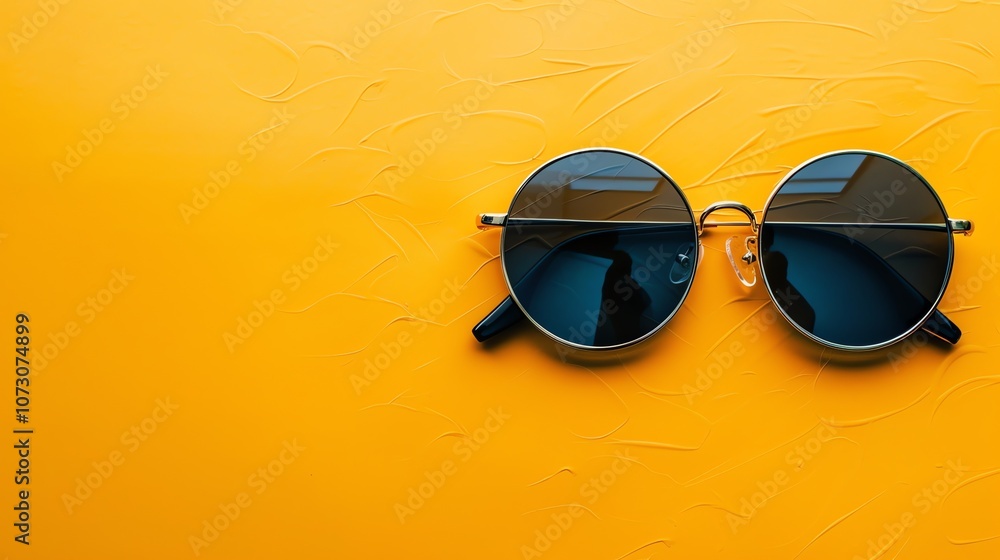 A pair of round sunglasses on a yellow background. A pair of round sunglasses on a yellow background.