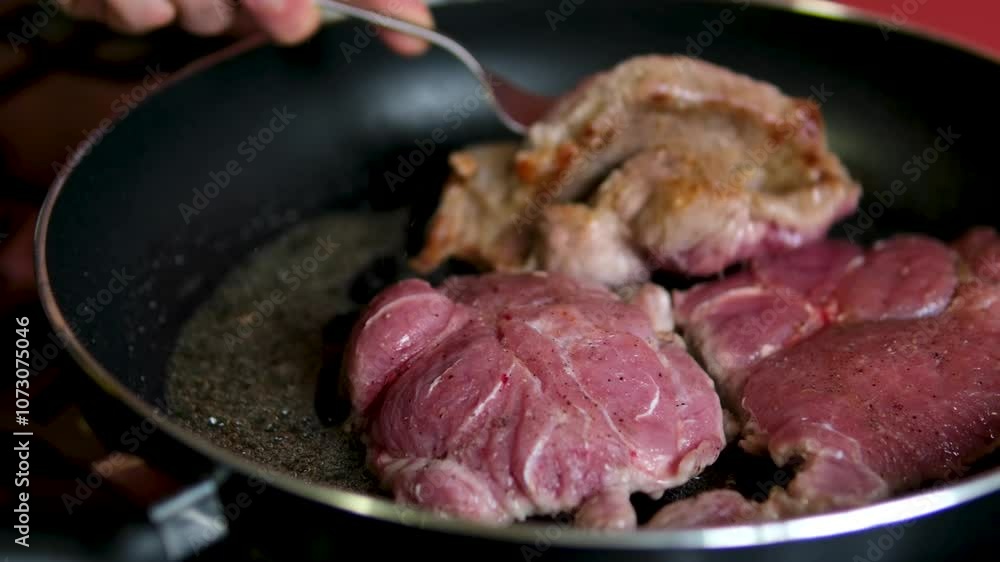 Chef Flips Steak on Grill Pan and Takes it Off. fry a steak in a pan Chef Flips Steak on Grill Pan and Takes it Off. fry a steak in a pan