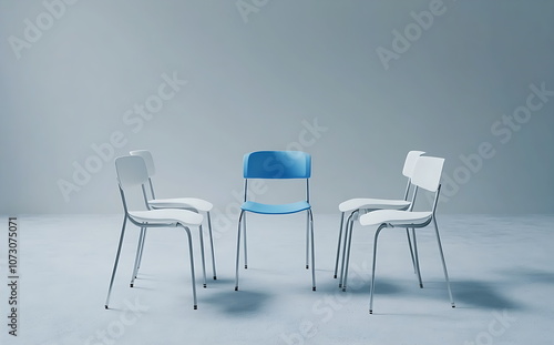 A blue chair stands out from the row of white