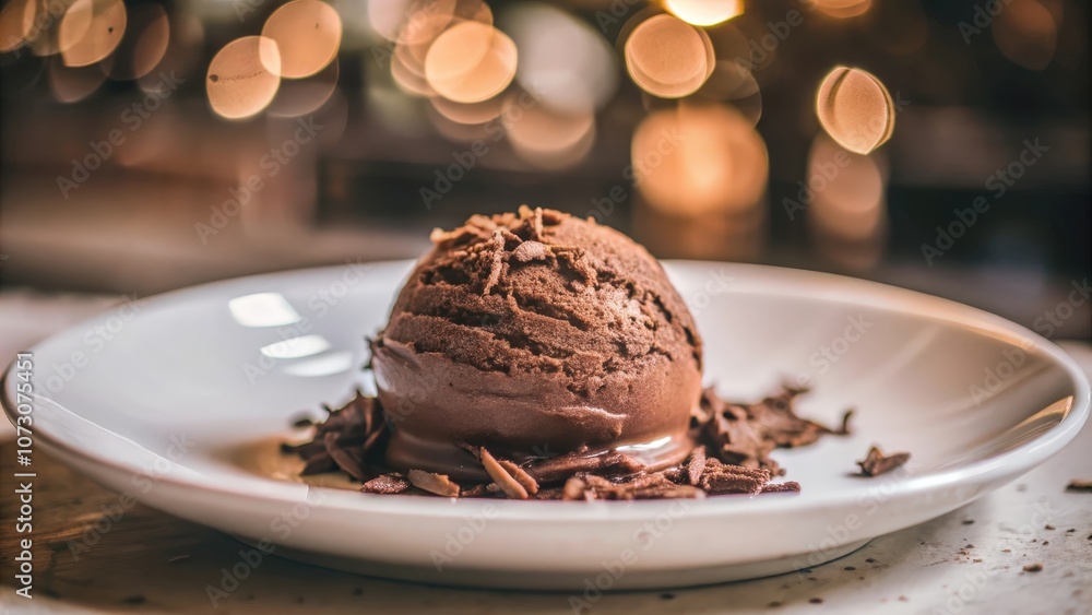 A single scoop of rich chocolate ice cream, resting on a bed of chocolate shavings, illuminated by warm, blurry lights A single scoop of rich chocolate ice cream, resting on a bed of chocolate shavings, illuminated by warm, blurry lights