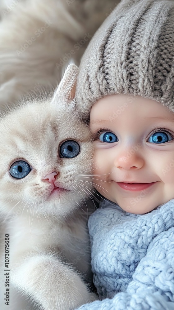 Close-up of a baby with blue eyes and a white kitten with blue eyes Close-up of a baby with blue eyes and a white kitten with blue eyes