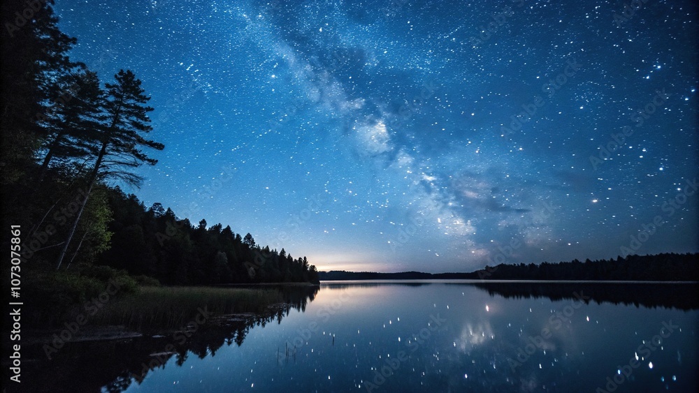 Deep blue ocean and stars reflected in a still lake on a clear night, ocean, lake, calmness Deep blue ocean and stars reflected in a still lake on a clear night, ocean, lake, calmness