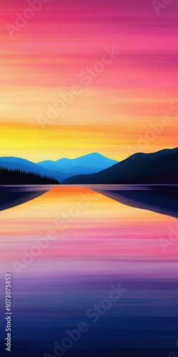 Calm sunset over a serene lake with vibrant mountain reflections