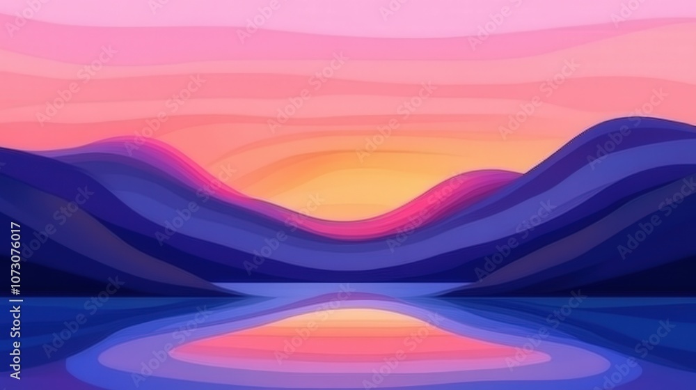 A serene sunset over tranquil waters with softly rolling mountains A serene sunset over tranquil waters with softly rolling mountains