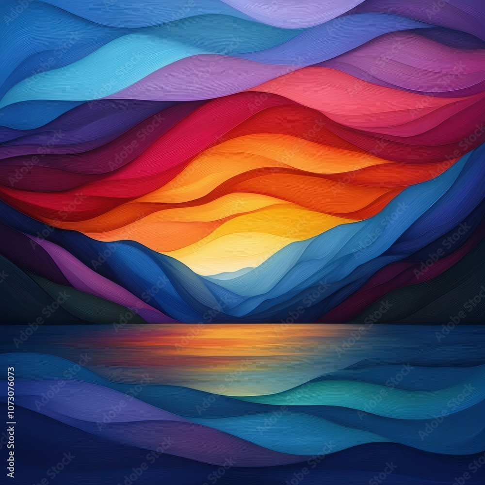 Vibrant sunset over layered hills and reflective water at dusk Vibrant sunset over layered hills and reflective water at dusk