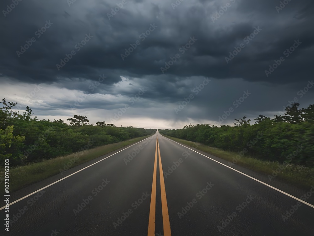 Naklejka premium Endless asphalt ribbon snakes through a rural landscape, disappearing into the cloudy horizon