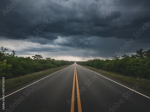 Endless asphalt ribbon snakes through a rural landscape, disappearing into the cloudy horizon