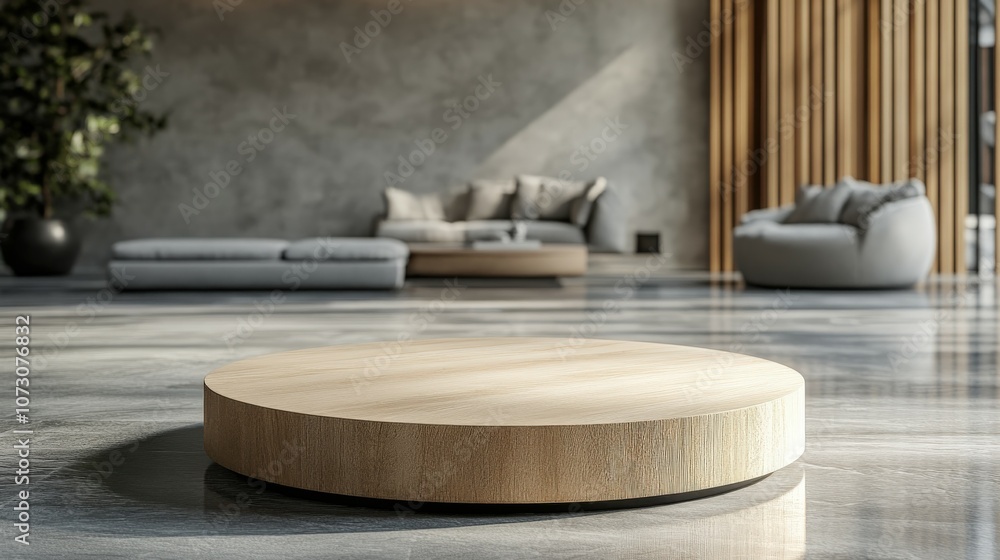 Modern living room with wooden circular table and minimalist decor Modern living room with wooden circular table and minimalist decor