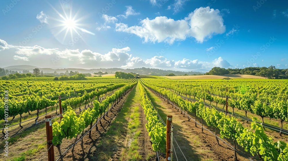 A vineyard with rows of grapevines in the sunshine. A vineyard with rows of grapevines in the sunshine.