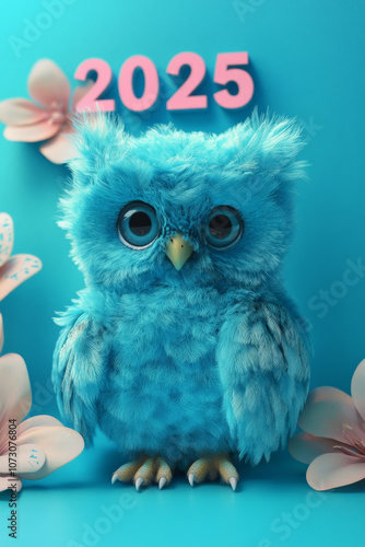 New Year Cards: 2025-themed Cute Neon Background Baby Owl Illustrations