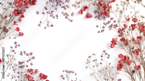 Wild dried meadow flowers on white background top view