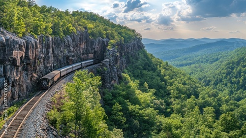 A train travels through a scenic mountain pass, with lush green trees and blue skies in the background.