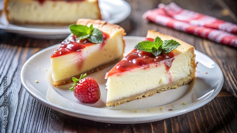 Two slices of cheesecake topped with a strawberry sauce and a sprig of mint on a white plate Two slices of cheesecake topped with a strawberry sauce and a sprig of mint on a white plate
