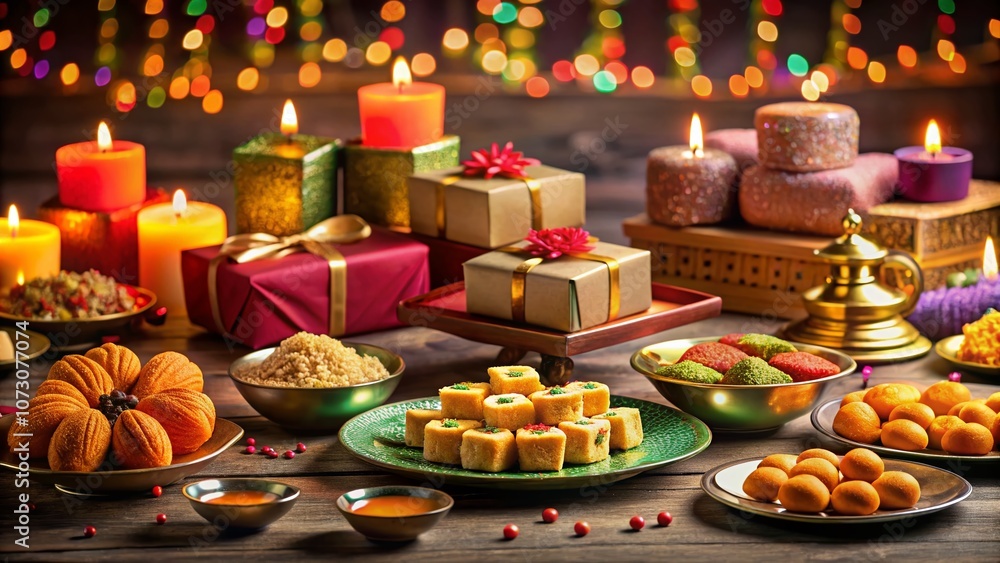 Exquisite Sweets Displayed on a Table with Diya Lamps and Gift Boxes Celebrating Diwali in India - A Festive and Colorful Atmosphere of Joy and Tradition Exquisite Sweets Displayed on a Table with Diya Lamps and Gift Boxes Celebrating Diwali in India - A Festive and Colorful Atmosphere of Joy and Tradition