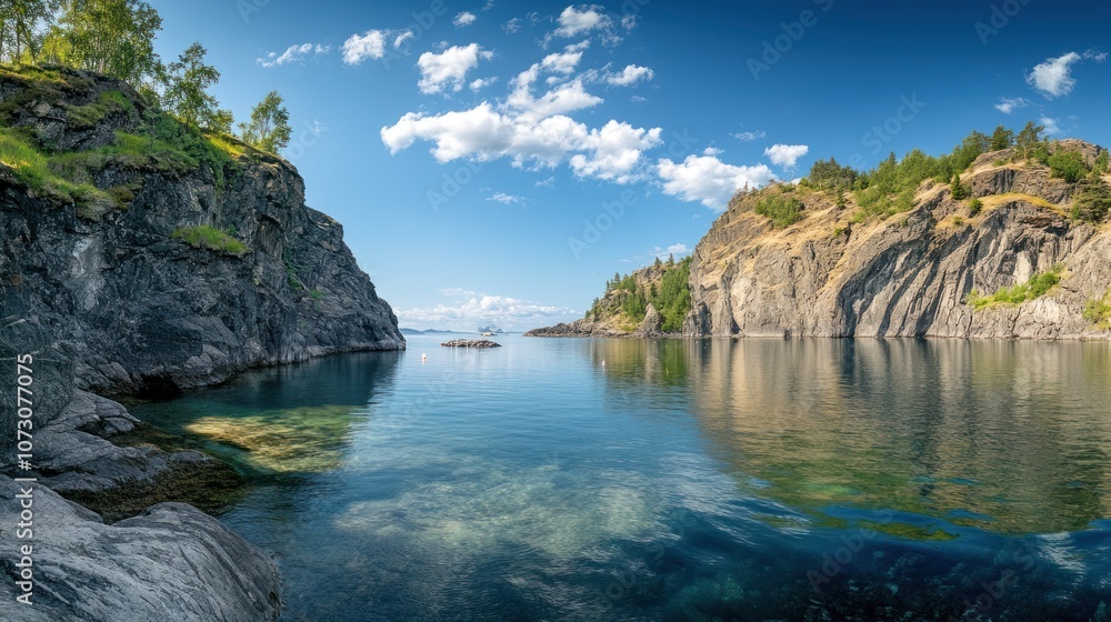 A serene and tranquil scene of a narrow passage in a lake, framed by towering cliffs with lush green vegetation on the slopes. A serene and tranquil scene of a narrow passage in a lake, framed by towering cliffs with lush green vegetation on the slopes.
