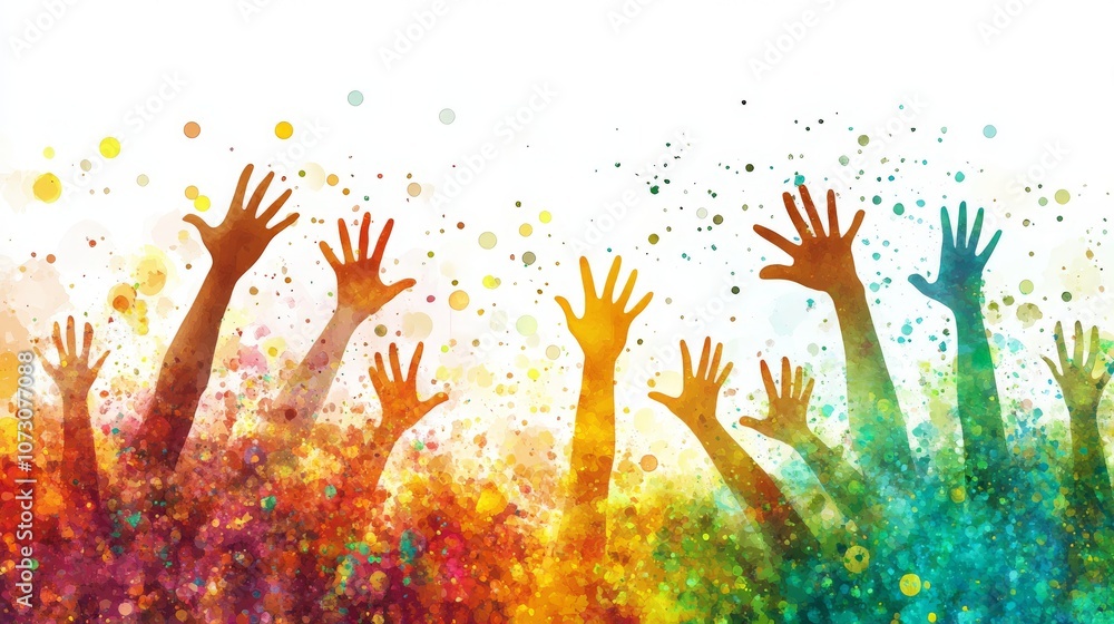 Colorful Hands Reaching Up Against Bright Background Colorful Hands Reaching Up Against Bright Background
