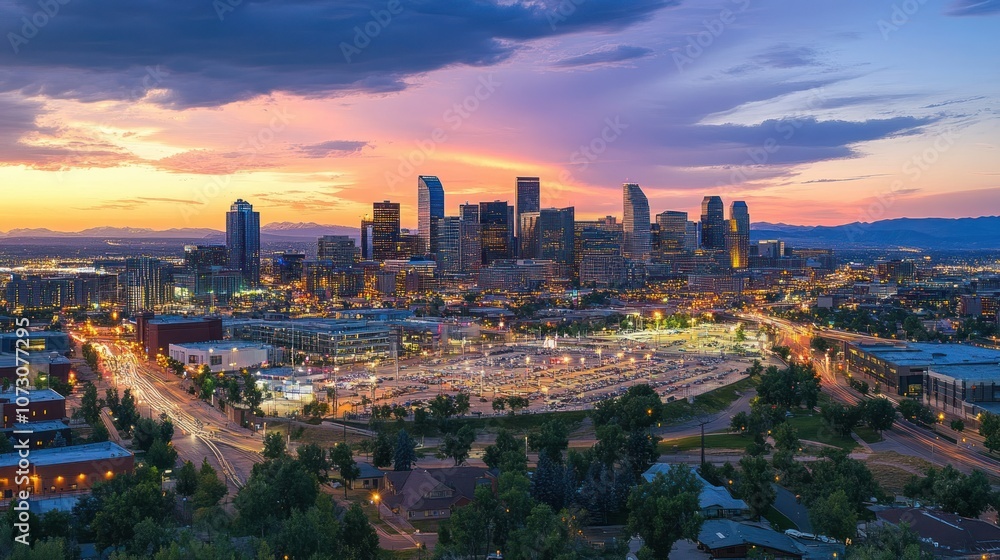 A panoramic view of a modern city skyline at dusk with a colorful sky and city lights. A panoramic view of a modern city skyline at dusk with a colorful sky and city lights.