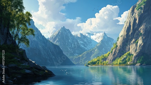 A tranquil lake nestled between towering mountains, with snow-capped peaks in the distance and a small boat on the water.