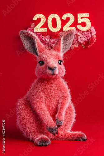 New Year Cards: 2025-themed Cute Neon Background Baby Kangaroo Illustrations photo