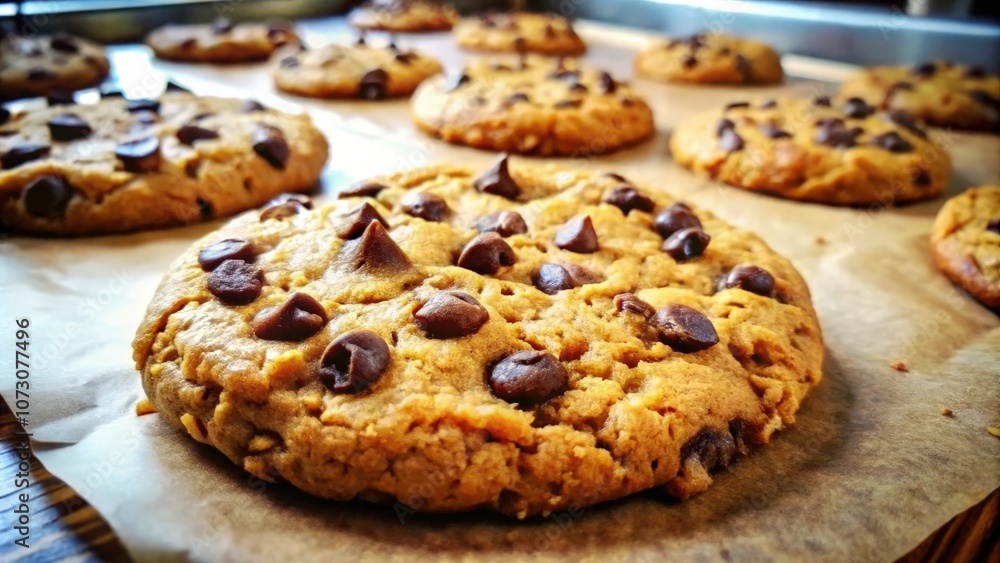 A Close-up View of a Soft and Chewy Chocolate Chip Cookie with a Golden Brown Crust, Perfectly Baked and Ready to Be Devoured A Close-up View of a Soft and Chewy Chocolate Chip Cookie with a Golden Brown Crust, Perfectly Baked and Ready to Be Devoured