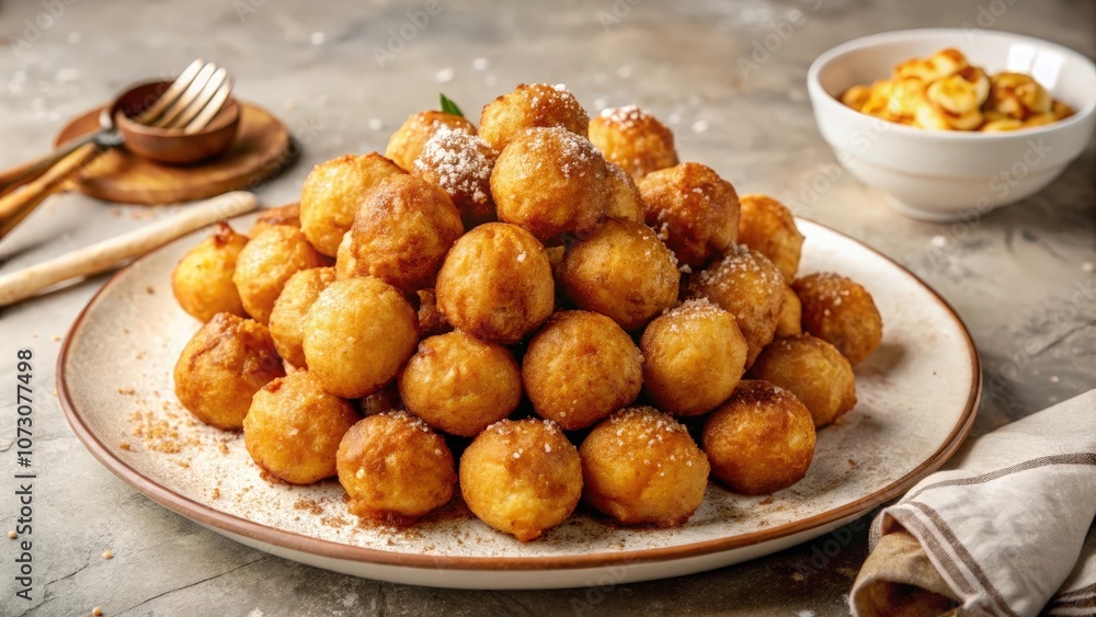 A plate of golden fried dough balls dusted with powdered sugar and cinnamon, a sweet and decadent treat A plate of golden fried dough balls dusted with powdered sugar and cinnamon, a sweet and decadent treat