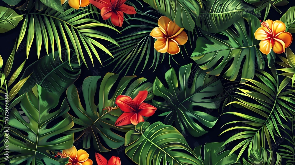 A tropical pattern with pink hibiscus flowers and green leaves. A tropical pattern with pink hibiscus flowers and green leaves.