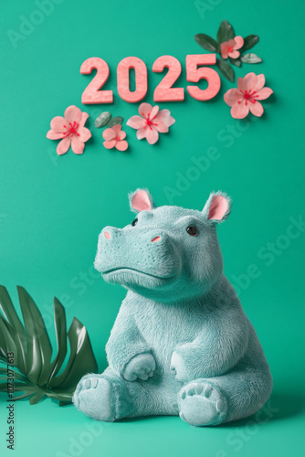 New Year Cards: 2025-themed Cute Neon Background Baby Hippo Illustrations photo