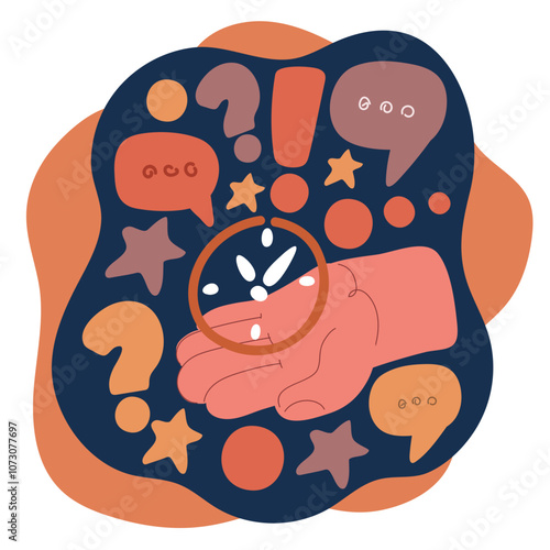 Cartoon vector illustration of hands holding a clock face, representing time management, control, and cherishing moments over dark background