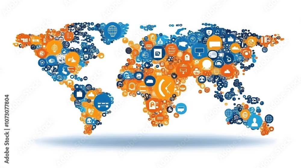 Fototapeta premium Global internet concept in corporate setting, digital application marketing icons, technology-driven workspace