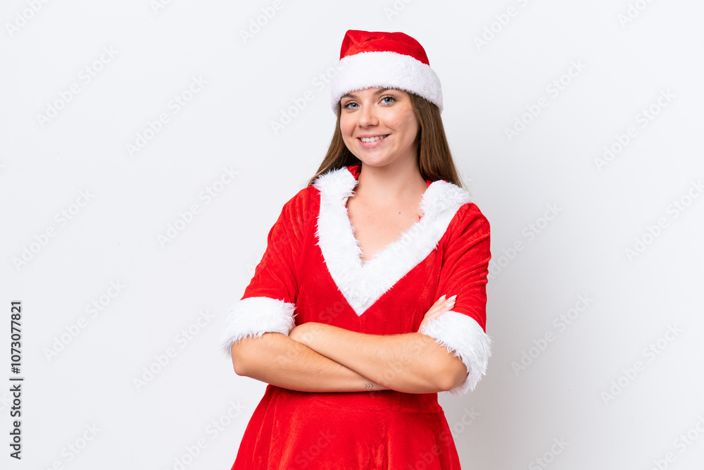 Young caucasian woman dressed as mama noel isolated on white background keeping the arms crossed in frontal position Young caucasian woman dressed as mama noel isolated on white background keeping the arms crossed in frontal position