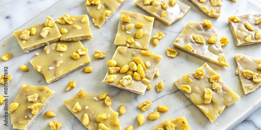 A close-up shot of homemade caramel bark with crunchy, golden-brown toppings, arranged on a white marble surface. A close-up shot of homemade caramel bark with crunchy, golden-brown toppings, arranged on a white marble surface.