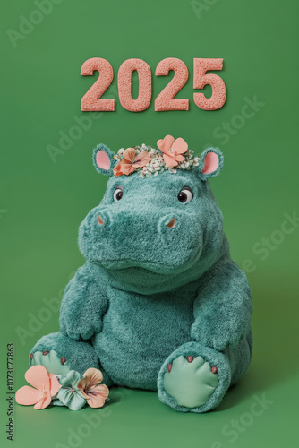 New Year Cards: 2025-themed Cute Neon Background Baby Hippo Illustrations photo