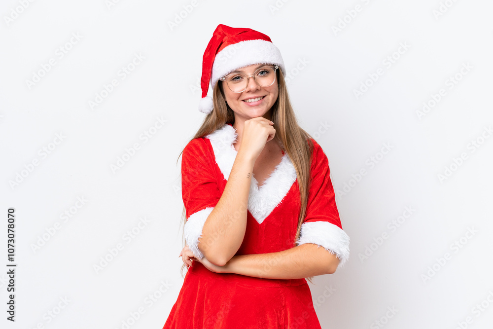 Young caucasian woman dressed as mama noel isolated on white background with glasses and smiling Young caucasian woman dressed as mama noel isolated on white background with glasses and smiling