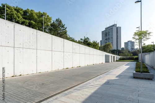 Wallpaper Mural Modern minimalist urban landscape with a white concrete wall as the primary background feature, clean lines, structure Torontodigital.ca