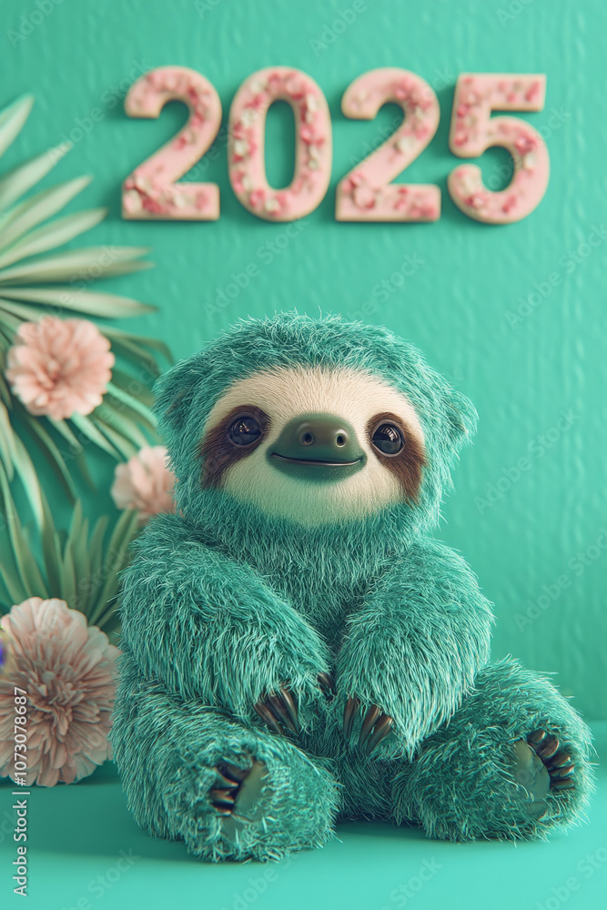 Fototapeta premium New Year Cards: 2025-themed Cute Neon Background Baby Sloth Illustrations