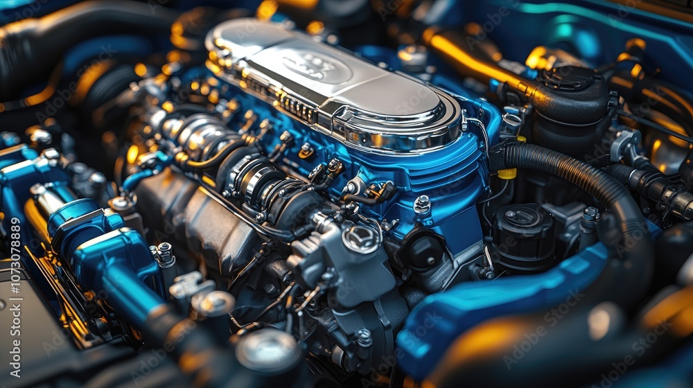 Fototapeta premium Close-up view of a powerful blue engine with chrome accents.