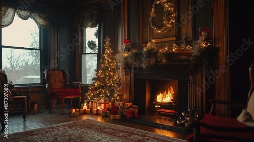 Wallpaper Mural Elegant Living Room with Christmas Tree and Fireplace Decor Torontodigital.ca