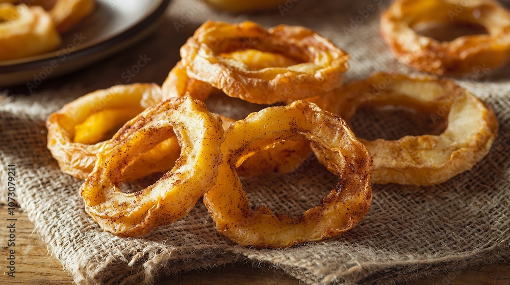 Dehydrated Apple Rings with Cinnamon on a Rustic Cloth,a Natural Snack Concept Dehydrated Apple Rings with Cinnamon on a Rustic Cloth,a Natural Snack Concept