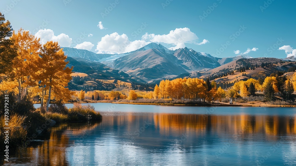 A mountain lake with yellow trees in the fall. A mountain lake with yellow trees in the fall.