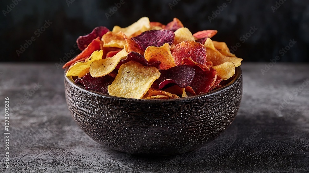 Assortment of Vibrant and Crispy Vegetable Chips in Textured Bowl on Dark Background Assortment of Vibrant and Crispy Vegetable Chips in Textured Bowl on Dark Background