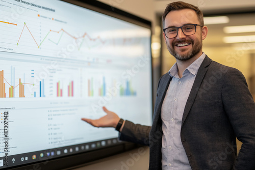 Professional Presenter with Business Analytics Display